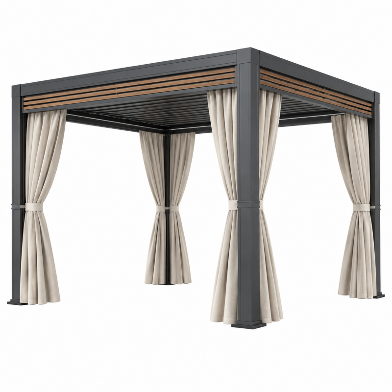 Pawilon ogrodowy 300 x 300 cm z aluminium antracytowy z beżowymi zasłonami i lamelowym dachem