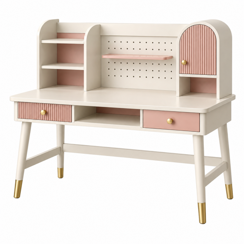 Biurko dziecięce 100 x 55 x 110 cm MDF kremowe/różowe z półkami i szufladami