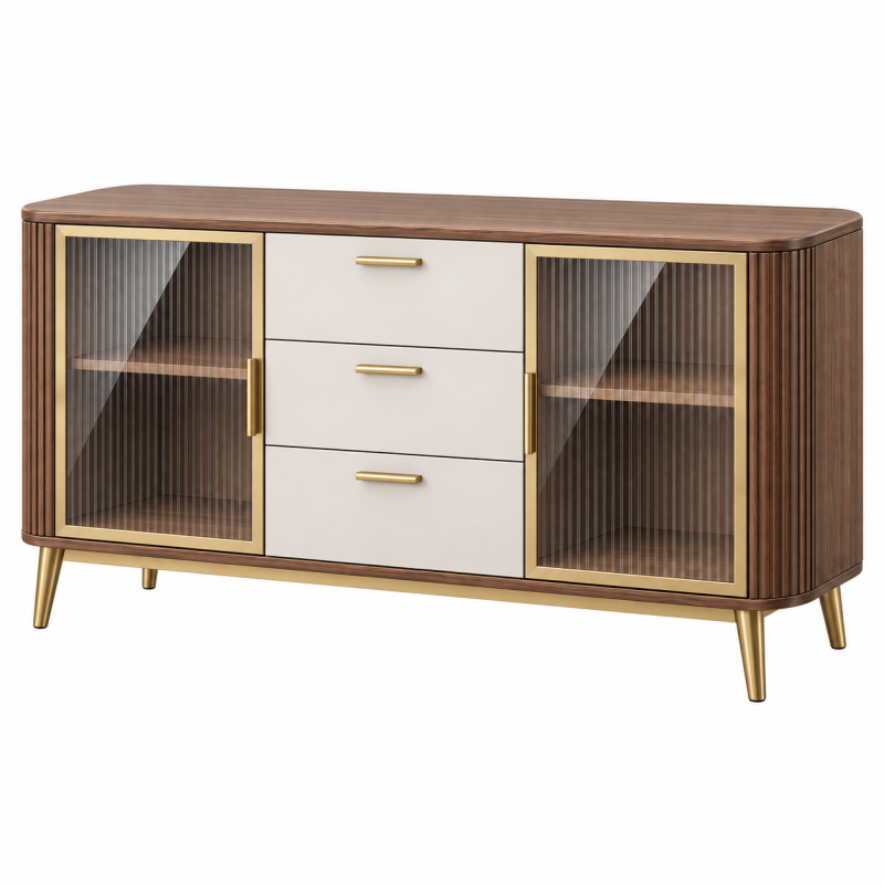 Komoda 160 x 40 x 85 cm z drewna i szkła brązowo kremowa w stylu glamour do salonu
