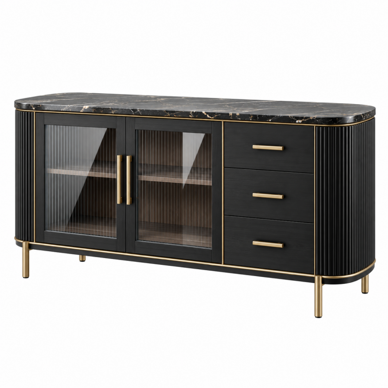Komoda 160 x 45 x 80 cm czarna ze szkłem do salonu w stylu art déco