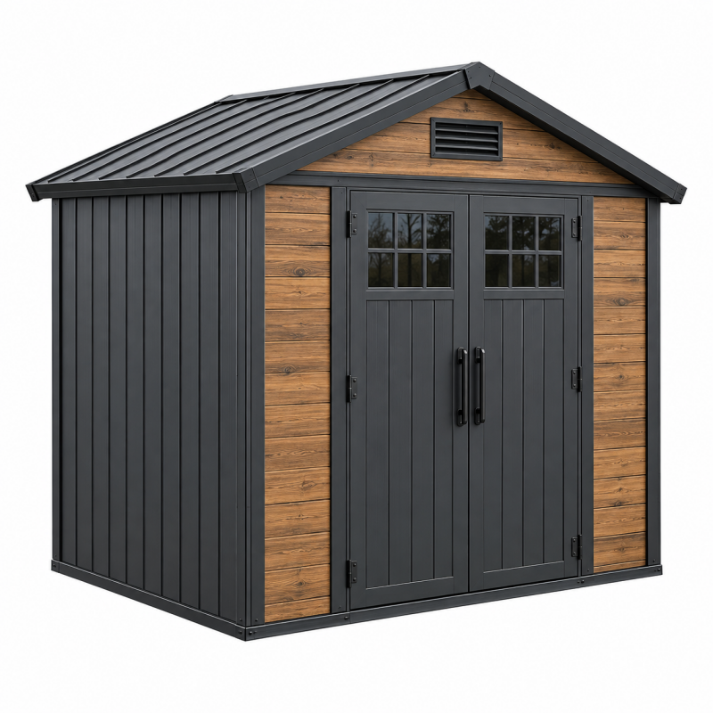 Domek narzędziowy 213 x 130 x 173 cm z metalu antracytowy brązowy - dwuskrzydłowe drzwi z przeszkleniami