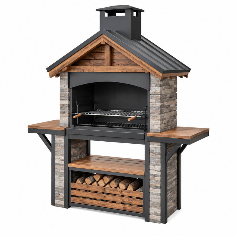 Grill ogrodowy 140 x 70 x 220 cm stal kamień drewno czarny brązowy z kominem
