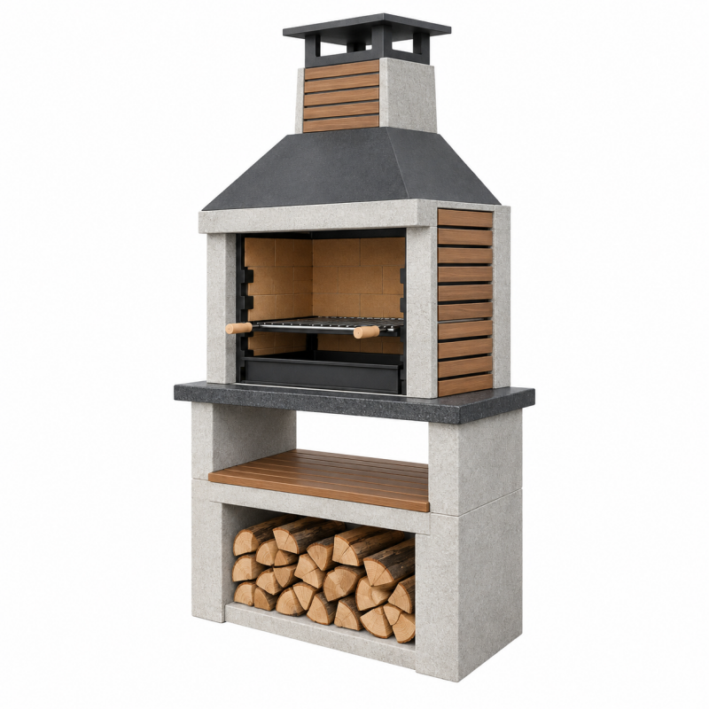 Grill ogrodowy 90 x 60 x 220 cm betonowy szary z metalowym rusztem opalany drewnem
