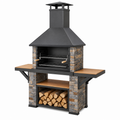 Grill ogrodowy 180 x 70 x 230 cm ze stali i kamienia czarny z kominem oraz półkami