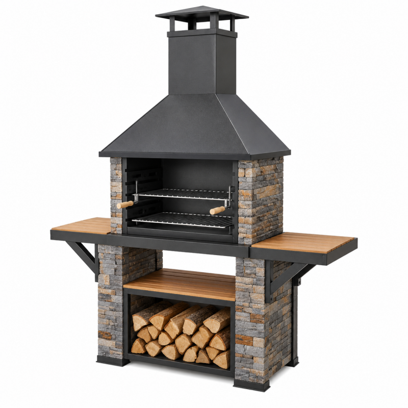 Grill ogrodowy 180 x 70 x 230 cm ze stali i kamienia czarny z kominem oraz półkami