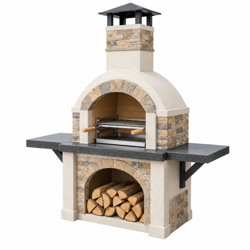 Grill ogrodowy murowany 180 x 100 x 240 cm beżowy z kamiennym wykończeniem i półkami