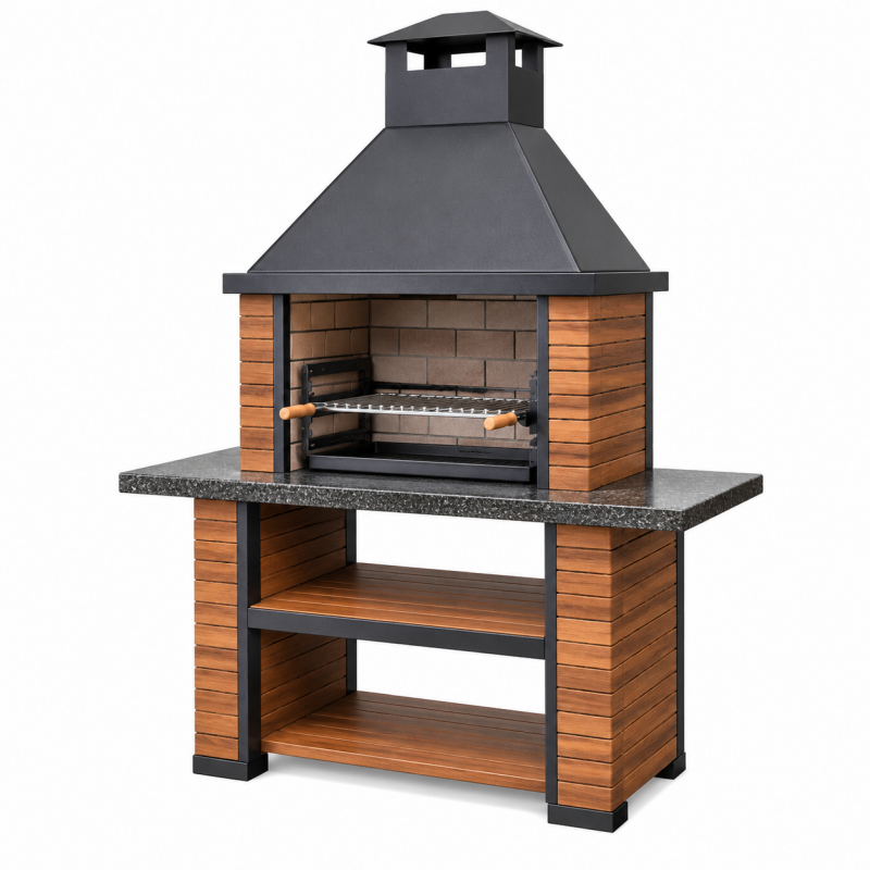 Grill ogrodowy 120 x 70 x 220 cm stal drewno kamień z okapem i rusztem