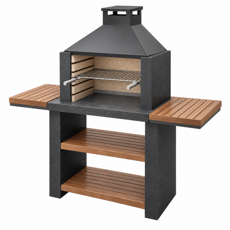 Grill ogrodowy 120 x 70 x 210 cm z kamienia i stali czarny z drewnianymi półkami